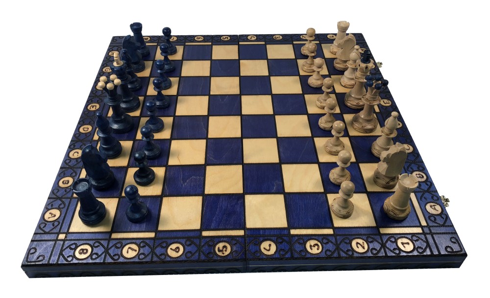 19" Consul Blue Chess Set - Folding Wood Board - 3 1/2" King