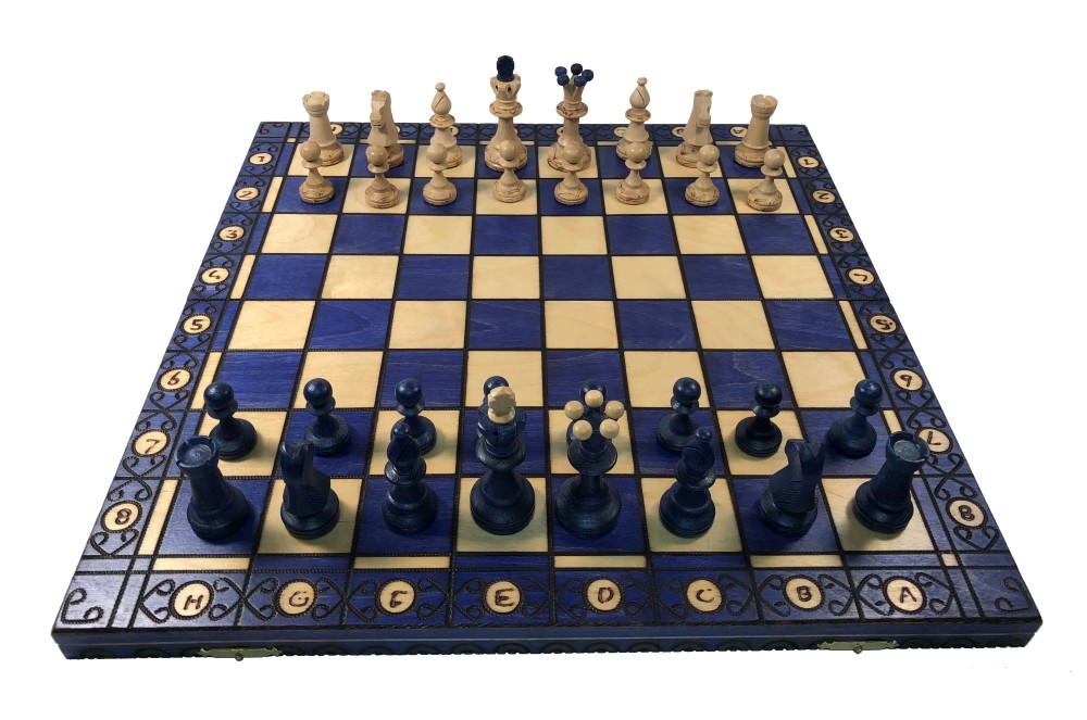19" Consul Blue Chess Set - Folding Wood Board - 3 1/2" King