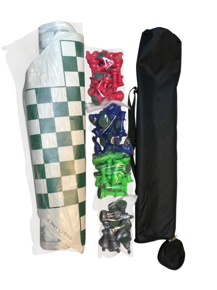 4 WAY CHESS SET COMBO - Vinyl 4 Way Board , 4 Sides Color Pieces & Bag