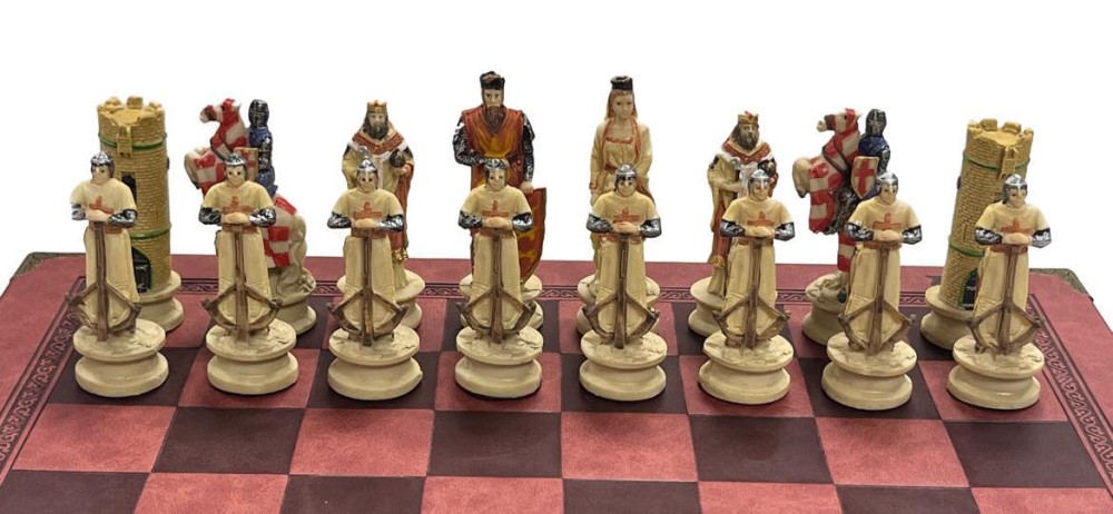 The Crusade Resin Theme Chess Pieces w Leather Board