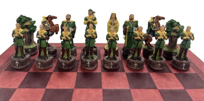 The  Robin Hood Resin Theme Chess Pieces w Leather Board