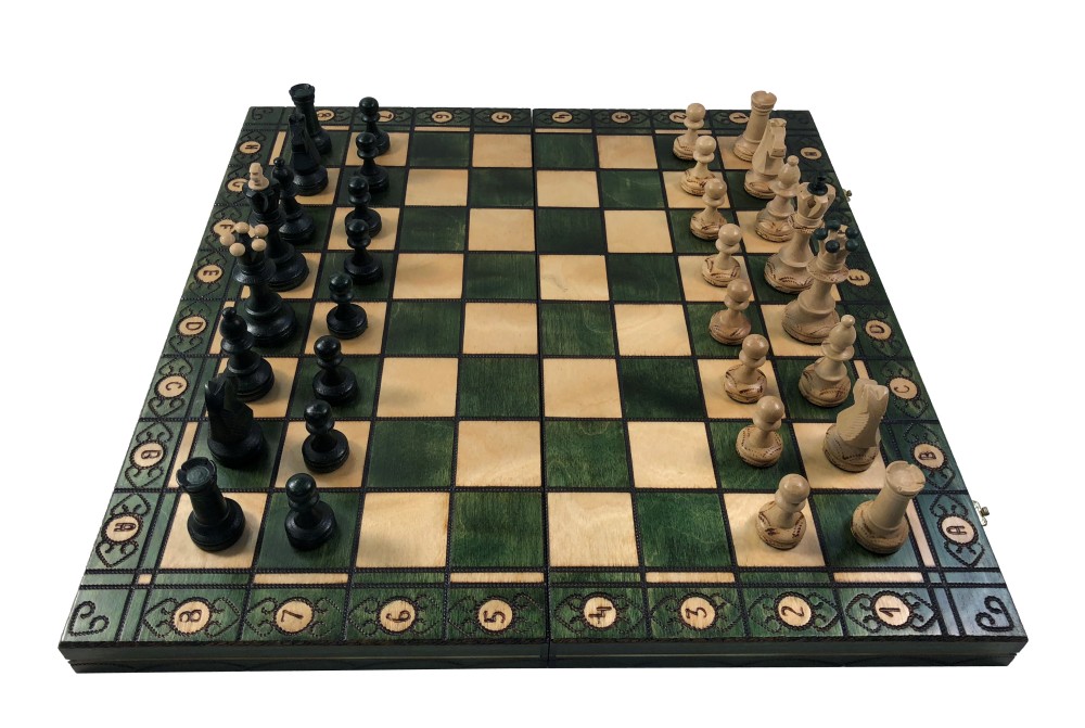 16" Senator Green Chess Set - Wood Folding Board - 3" King