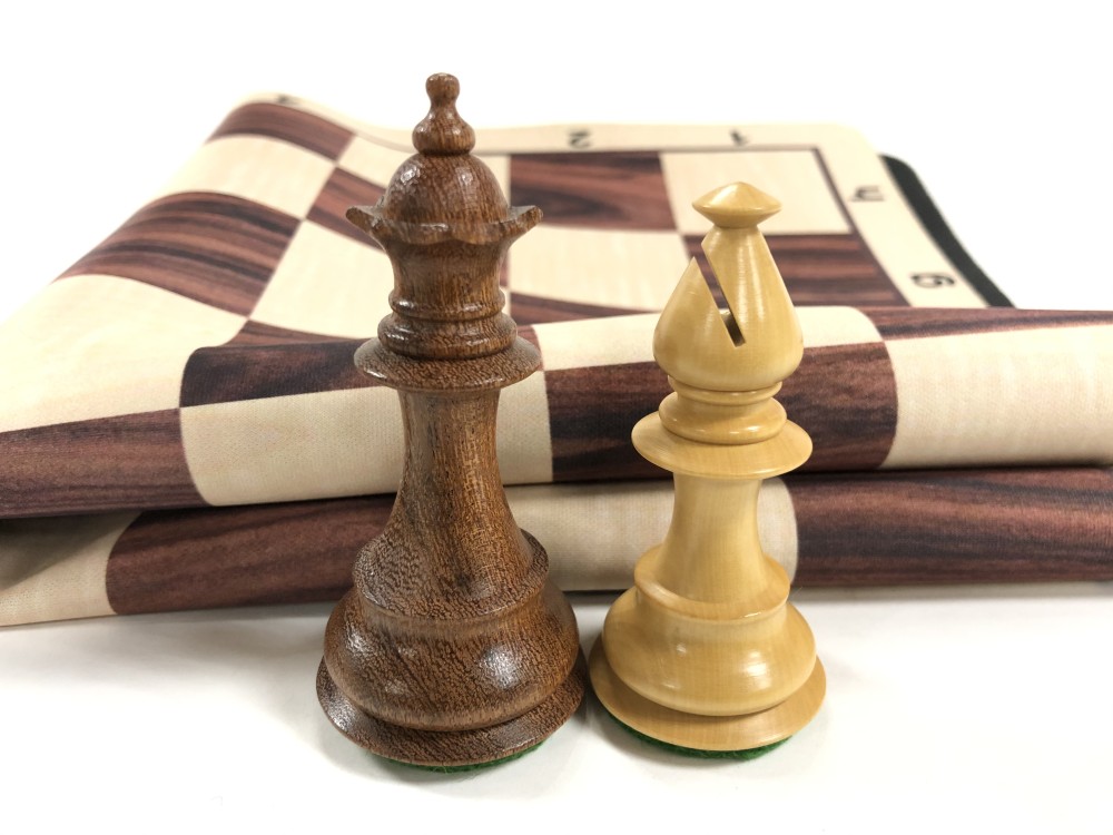 Fleur-de-lis Babul Wood Weighted Chess Set  w/ Wood Grain Floppy Board