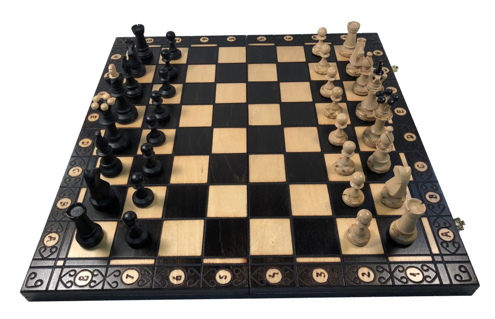 19" Consul Black Chess Set - Folding Wood Board & Wood Chess Pieces
