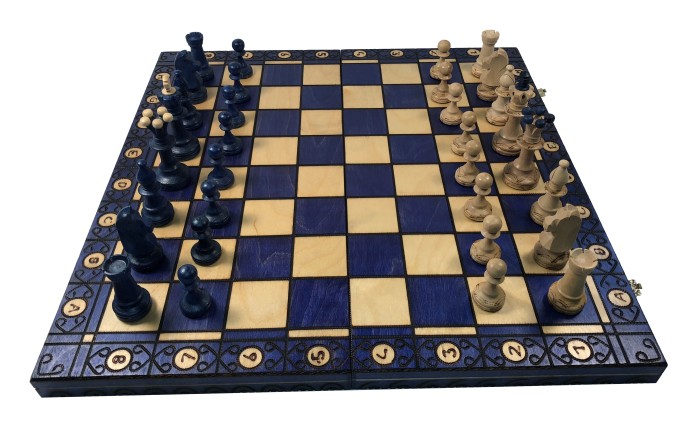 19" Consul Blue Chess Set - Folding Wood Board - 3 1/2" King