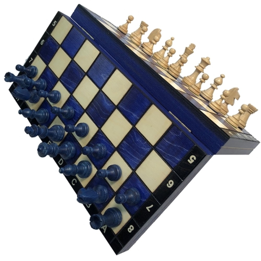 Blue 10 1/2 In Wood Magnetic Chess Set: Folding Board - 2 In King