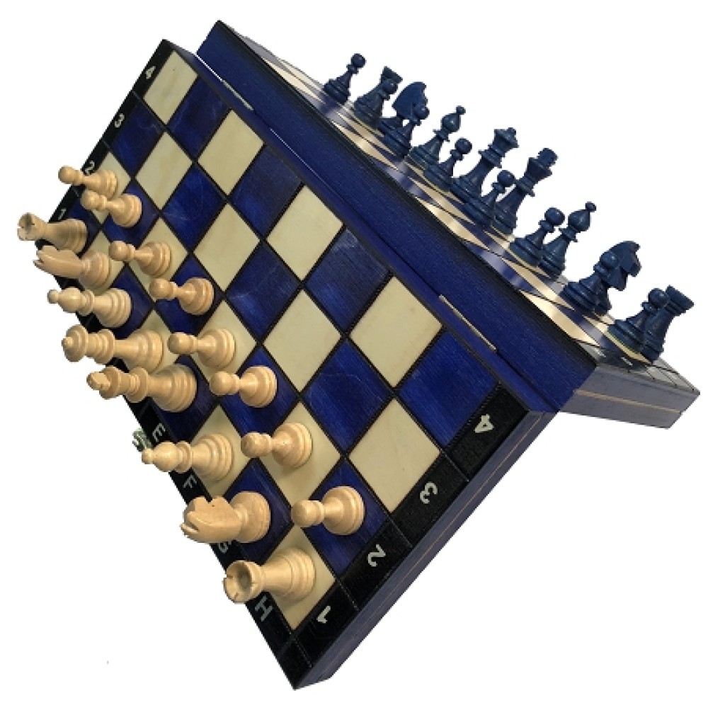 Blue 10 1/2 In Wood Magnetic Chess Set: Folding Board - 2 In King