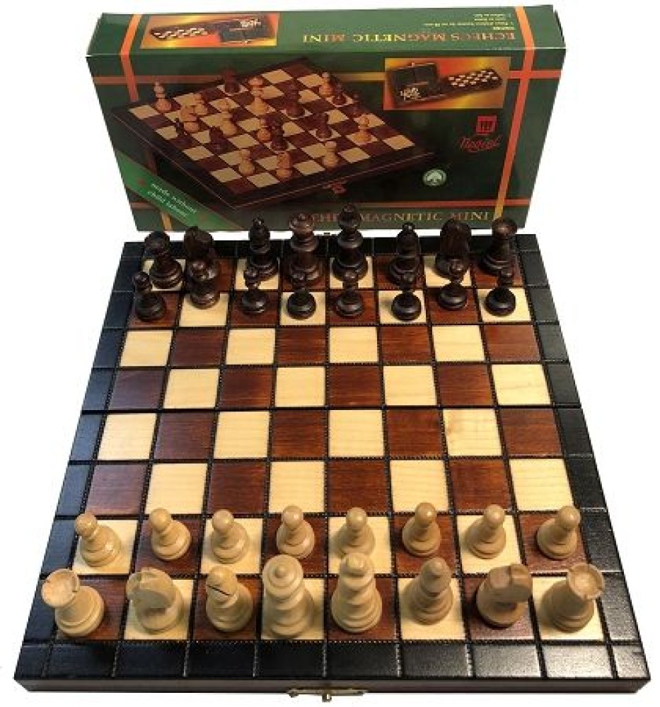 9 In Wood Travel Chess Set, Folding Board, 1 7/8" K - Magnetic