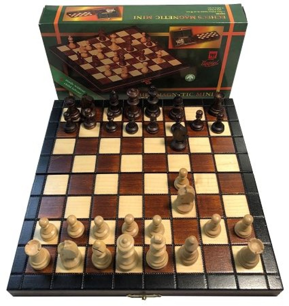 9 In Wood Travel Chess Set, Folding Board, 1 7/8" K - Magnetic