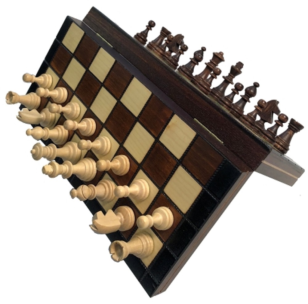 9 In Wood Travel Chess Set, Folding Board, 1 7/8" K - Magnetic