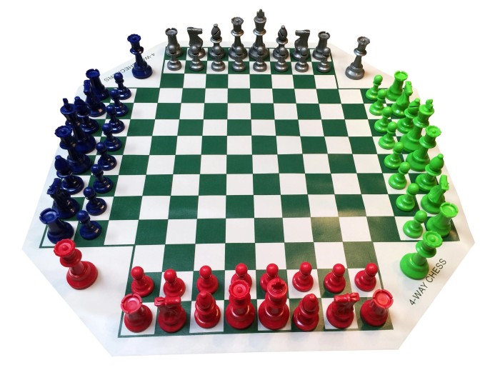 4 WAY CHESS SET COMBO - Vinyl 4 Way Board , 4 Sides Color Pieces & Bag